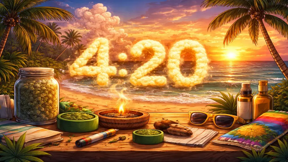 illustrazione lifestyle cannabis 4:20 con spiaggia al tramonto, accessori cannabis e atmosfera rilassata