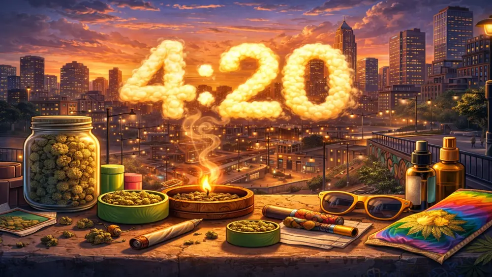 illustrazione lifestyle cannabis 4:20 con citt&agrave; al tramonto e accessori cannabis