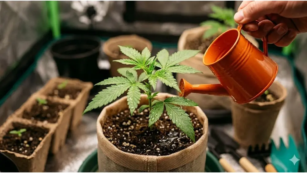 Irrigare una pianta di cannabis con nutrienti che abbiano i valori di EC e pH corretti.