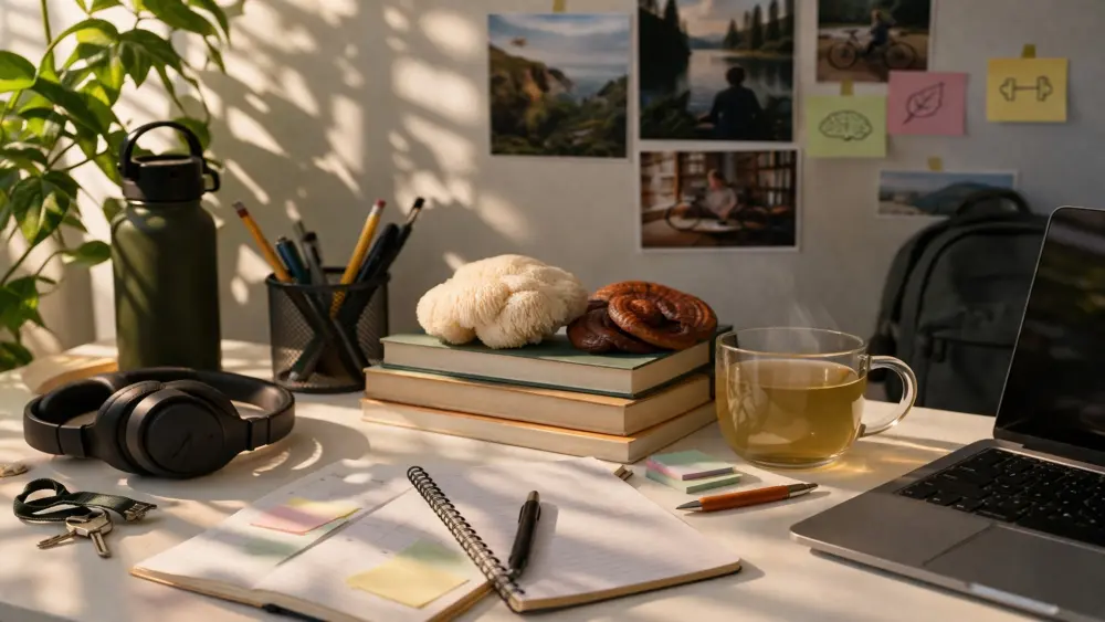 ambiente di studio organizzato con agenda t&egrave; e supporto naturale per la concentrazione