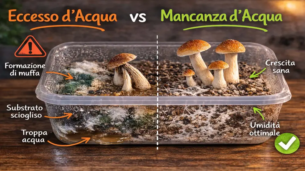 Confronto tra eccesso e carenza d&rsquo;acqua in un kit di coltivazione di funghi