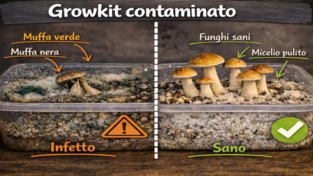 Kit di coltivazione contaminato con muffa verde e nera