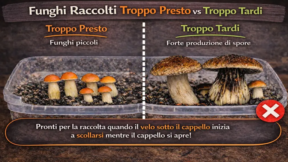 Confronto tra raccolta troppo precoce e troppo tardiva dei funghi