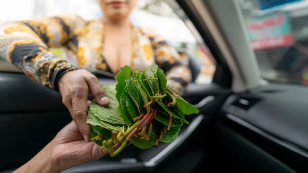 Una donna vende foglie di kratom a un automobilista