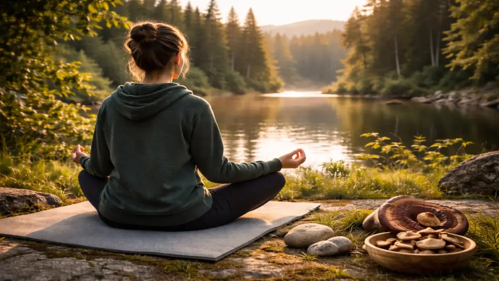 persona che medita nella natura vicino a un lago come momento di relax durante la preparazione allo studio