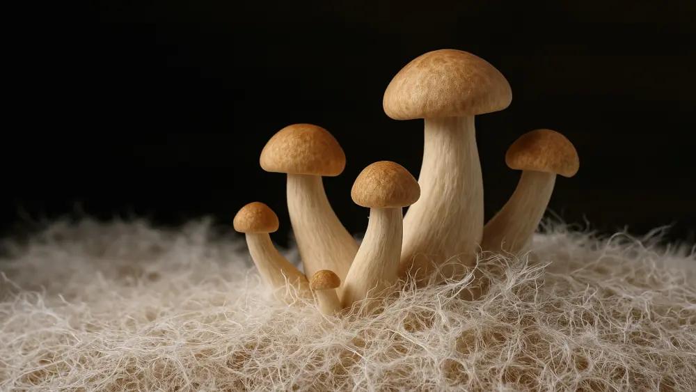 Funghi marroni che crescono da micelio bianco in un ambiente boschivo umido