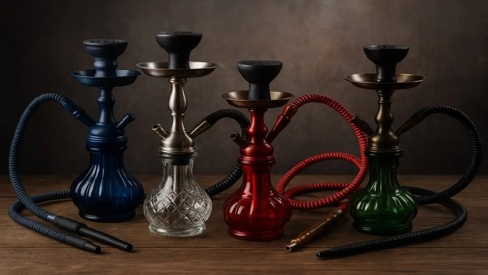 Diverse narghilè colorate su un tavolo di legno – blu, rosso, verde e trasparente, con dettagli metallici e illuminazione calda da studio