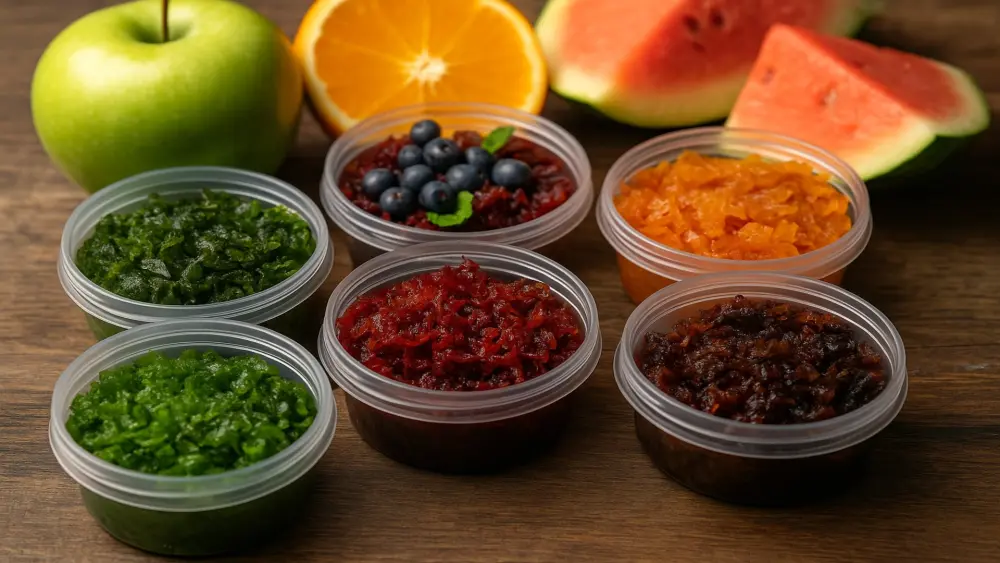 Varietà di tabacchi da shisha in vasetti aperti con frutta come mela, anguria, arancia e mirtilli su fondo in legno – assortimento colorato di sapori di shisha.