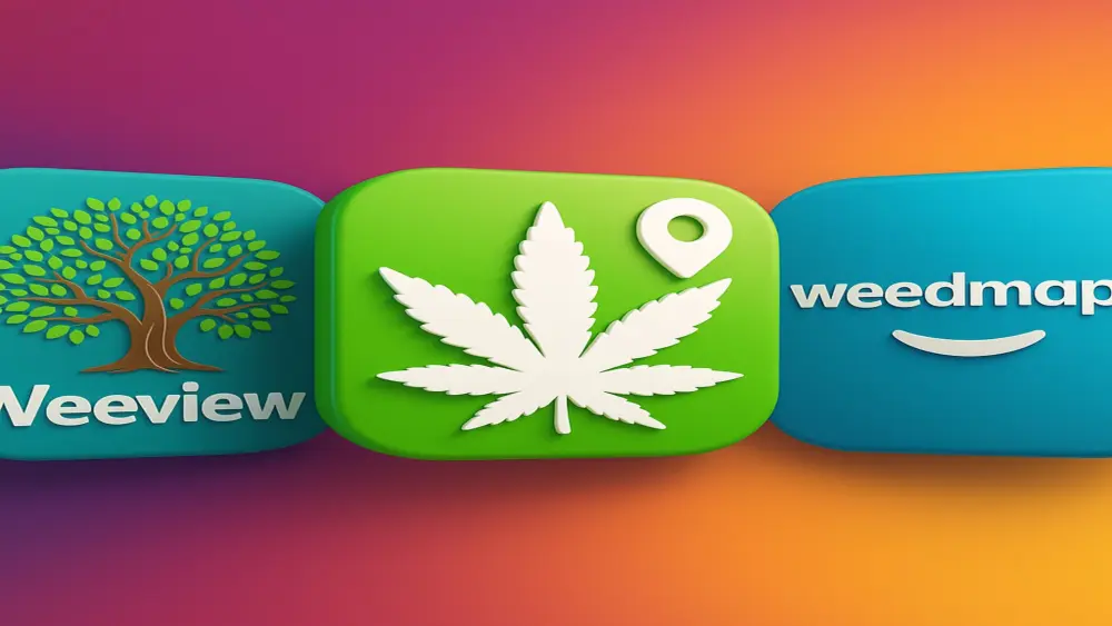 Immagine in stile 3D delle icone delle app Weeview, Greenmeister e Weedmaps, mostrata in un layout giocoso e colorato con forme morbide e arrotondate.