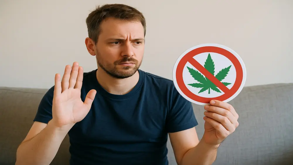 Uomo che vuole smettere di usare cannabis, seduto su un divano mentre tiene un segnale di stop con una foglia di cannabis barrata.