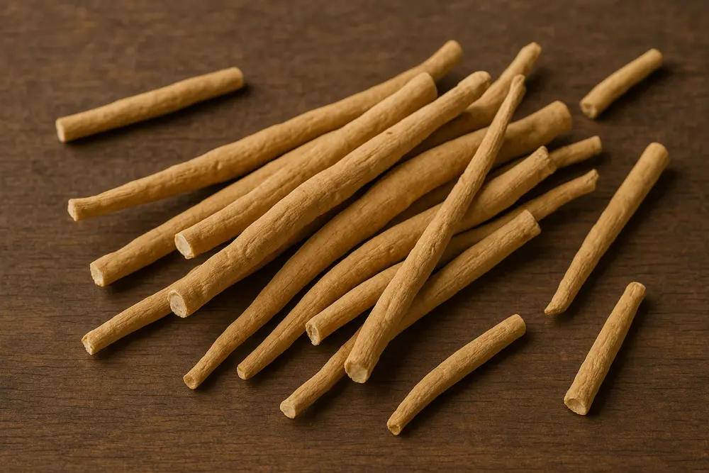 Radici essiccate di ashwagandha sparse su una superficie di legno, in tonalità calde e terrose e con una consistenza ben visibile.