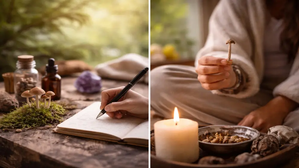 Un ambiente tranquillo con microdosaggio e autoriflessione, in cui qualcuno scrive su un diario insieme a psilocibina ed elementi naturali.