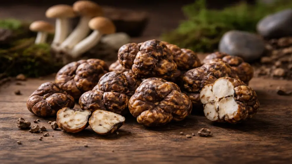 Tartufi freschi di psilocibina (sclerozi) su tavolo di legno con sfondo naturale