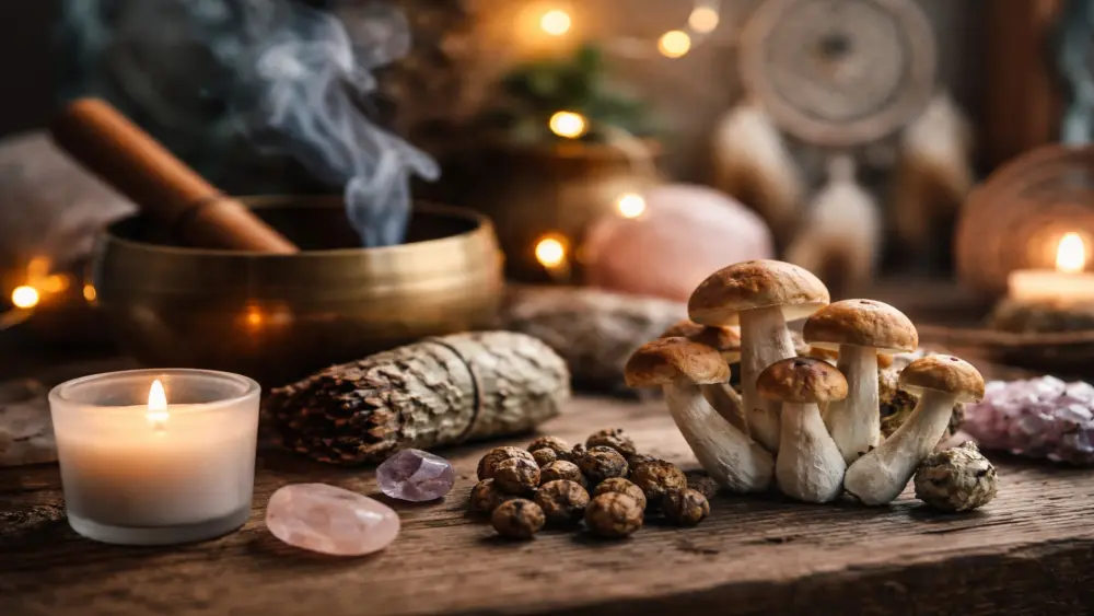 Tartufi magici e funghi su un tavolo in legno con luce di candele, cristalli ed elementi cerimoniali in un’atmosfera calda e rilassante