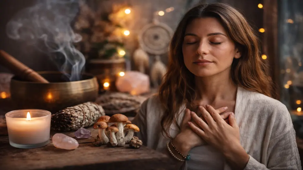 Donna in meditazione tranquilla con occhi chiusi e mani sul petto, circondata da luce di candele, tartufi ed elementi naturali che simboleggiano auto-riflessione e pace interiore