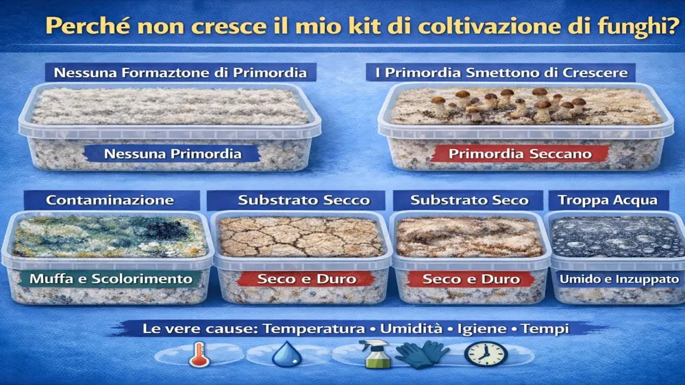 Infografica che spiega i problemi di un kit di coltivazione di funghi, tra cui mancanza di primordi, primordi che si seccano, muffa, scolorimento, disidratazione ed eccesso di umidità. Le cause principali sono temperatura, umidità, igiene e tempistica.