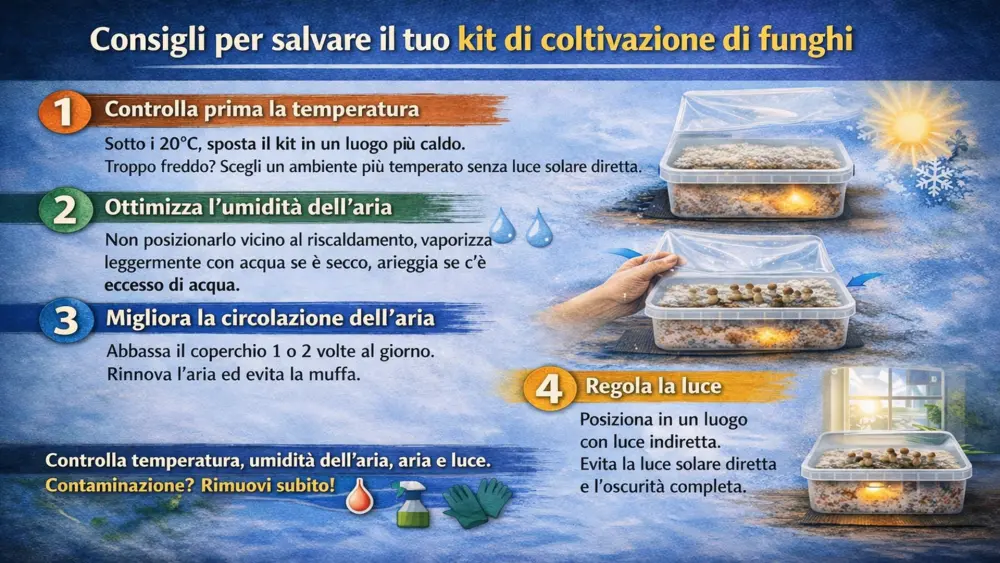 Infografica con consigli per salvare un kit di coltivazione di funghi, tra cui controllare la temperatura, migliorare l’umidità, aumentare la ventilazione, utilizzare luce indiretta e riconoscere la contaminazione.