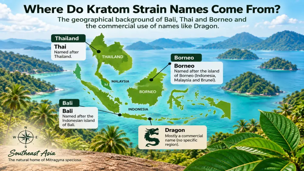 Origini delle denominazioni del kratom Bali, Thai e Borneo nel Sud-est asiatico