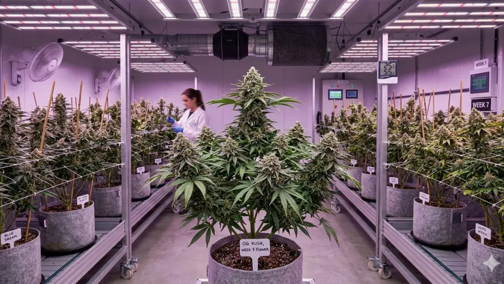Piante di cannabis in fioritura con un ciclo di illuminazione di 12 ore di luce e 12 ore di buio