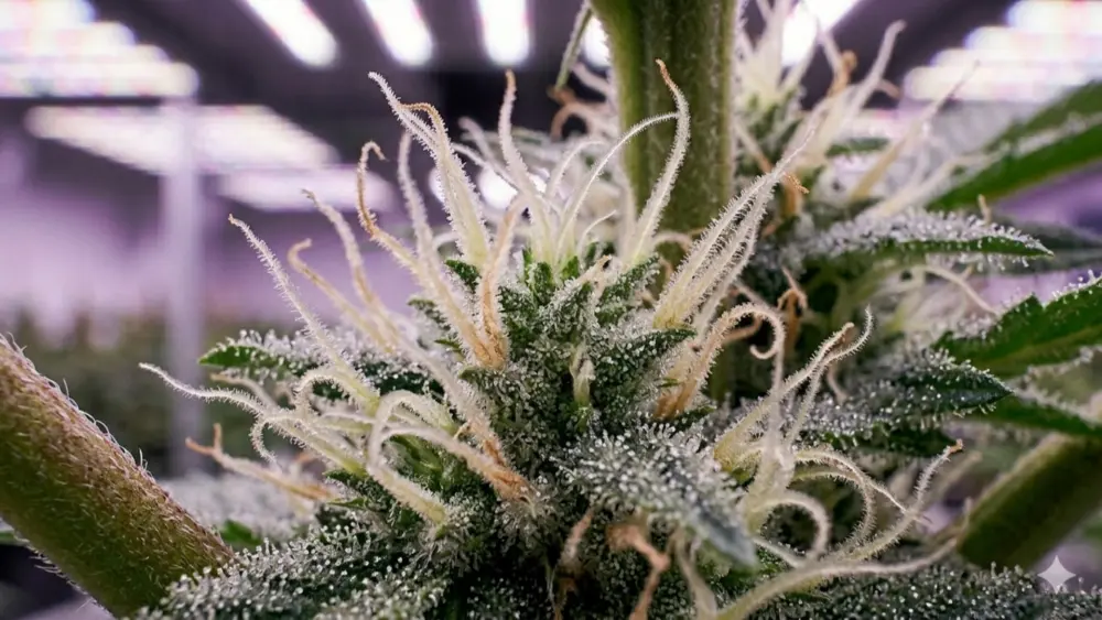 Cime di cannabis sane durante la fioritura con tricomi visibili e infiorescenze resinose